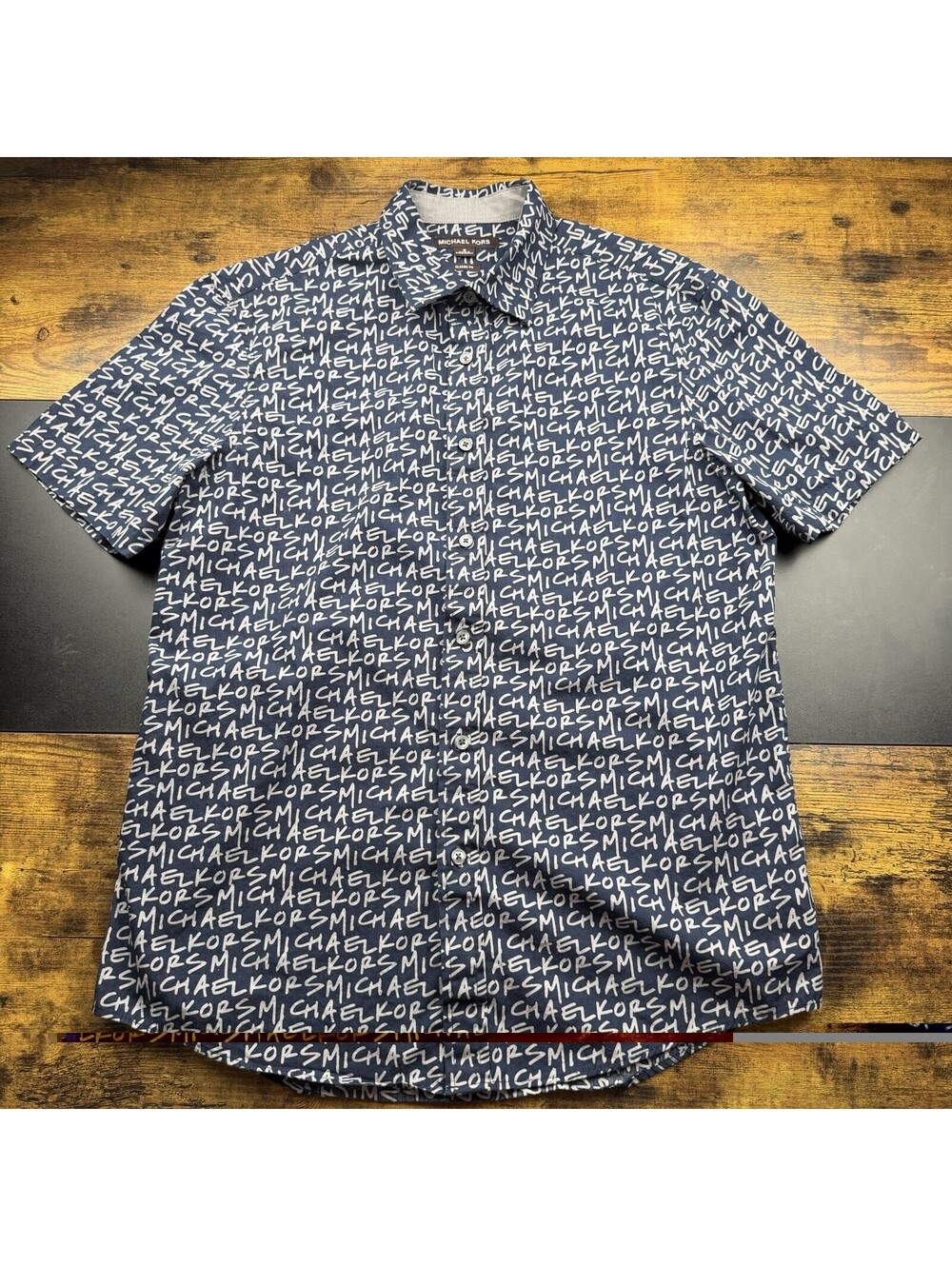 Michael Kors Mens Med Classic Fit Navy Logo Print Short Sleeve Button Up Shirt